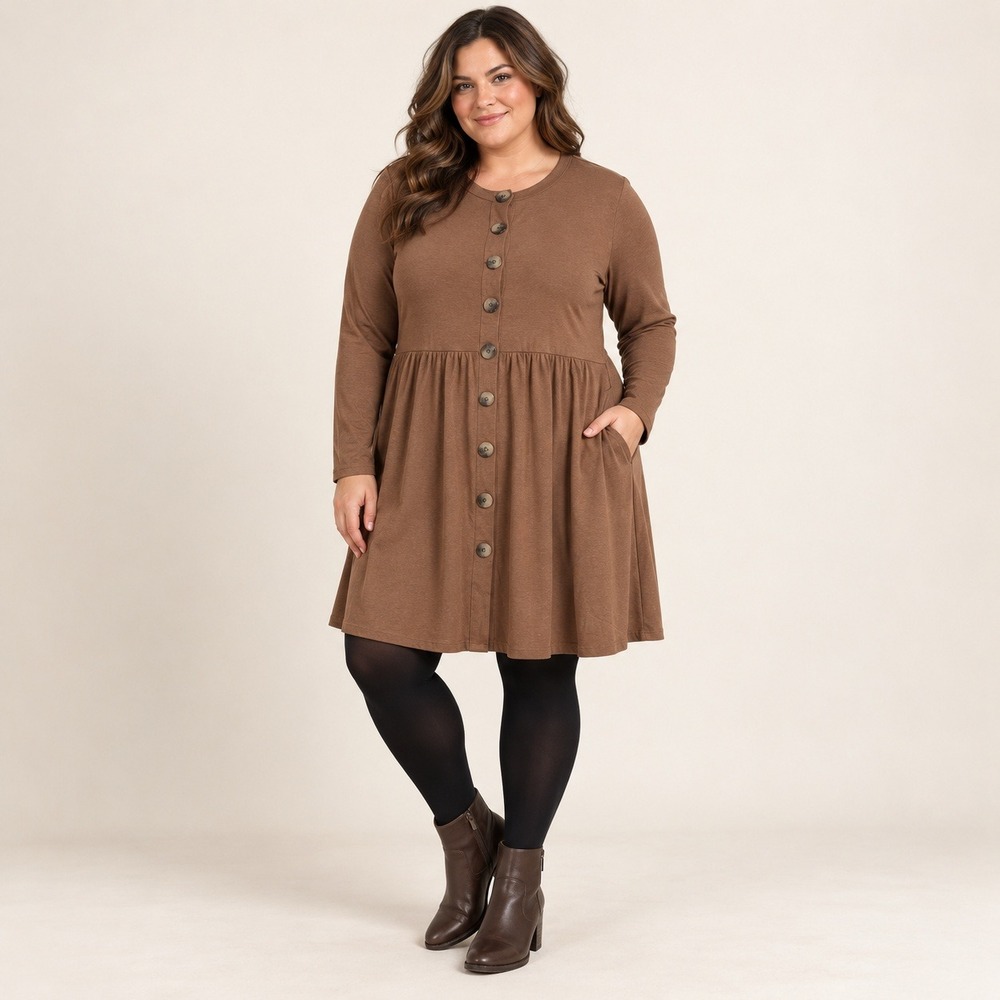 Zenana Babydoll Cardigan Dress Brown Long Sleeve Soft Stretchy 2X NWT Plus